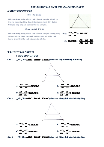 Bài tập trắc nghiệm môn Hình học Lớp 8 - Chương 3 - Bài 2: Định lí đảo và hệ quả của định lí Ta-lét (Có đáp án)
