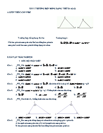 Bài tập trắc nghiệm môn Hình học Lớp 8 - Chương 3 - Bài 7: Trường hợp đồng dạng thứ ba (g.g) (Có đáp án)