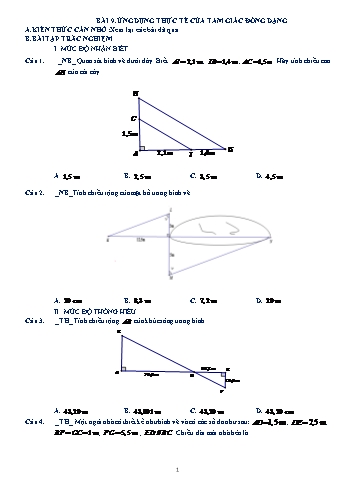 Bài tập trắc nghiệm môn Hình học Lớp 8 - Chương 3 - Bài 9: Ứng dụng thực tế của tam giác đồng dạng (Có đáp án)