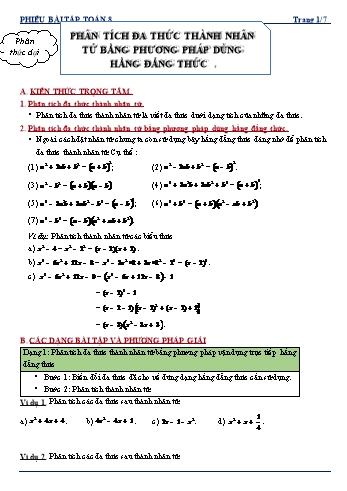 Phiếu bài tập môn Toán Lớp 8 - Bài: Phân tích đa thức thành nhân tử bằng phương pháp dùng hằng đẳng thức