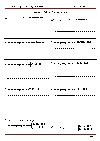 Phiếu học tập môn Toán Lớp 10 - Chương 4 - Bài: Bất phương trình bậc hai - Năm học 2018–2019