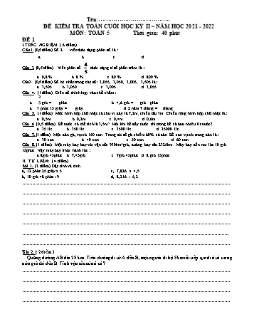 10 Đề ôn tập kiểm tra cuối học kì II năm học 2021-2022 môn Toán Lớp 5