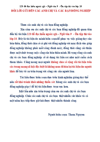 120 Đề đọc hiểu ngoài sách giáo khoa Ngữ văn 9 ôn thi vào lớp 10 (Có đáp án)