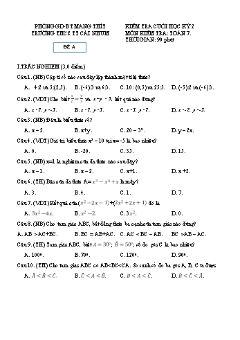 2 Đề kiểm tra cuối học kỳ II Toán 7 - Trường THCS Thị trấn Cái Nhum (Có đáp án)