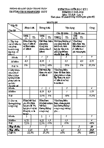 2 Đề kiểm tra giữa học kì I môn Toán 7 năm học 2023-2024 - Trường THCS Phan Đình Giót (Có đáp án + Ma trận)