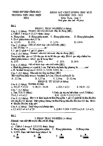 21 Đề khảo sát chất lượng học kì II năm học 2020-2021 môn Toán Lớp 5 - Trường Tiểu học Hiệp Hòa