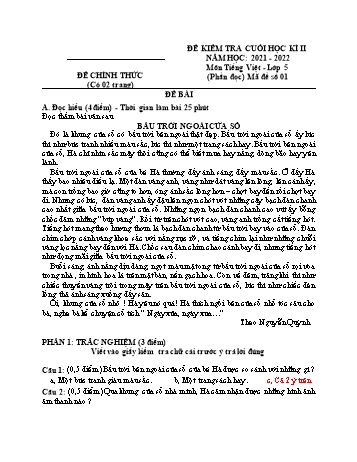 3 Đề kiểm tra cuối học kì II năm học 2021-2022 môn Tiếng Việt Lớp 5 (Có đáp án)