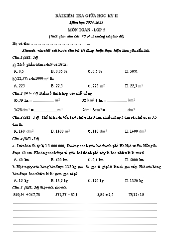 3 Đề kiểm tra giữa học kì II năm học 2024-2025 môn Toán Lớp 5
