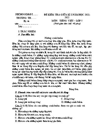 5 Đề kiểm tra giữa học kì I năm học 2021-2022 môn Tiếng Việt 5 (Có đáp án)