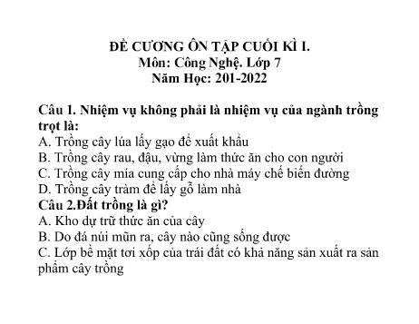 59 Câu trắc nghiệm ôn tập cuối học kì 1 Công nghệ 7 - Năm học 2021-2022