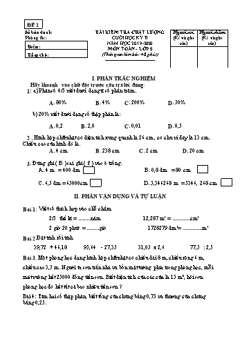 6 Đề kiểm tra chất lượng cuối học kì II năm học 2019-2020 môn Toán Lớp 5