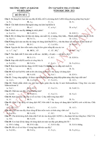 6 Đề ôn tập kiểm tra cuối học kì II Môn Hóa học 12 - Năm học 2020-2021 - Trường THPT An Khánh