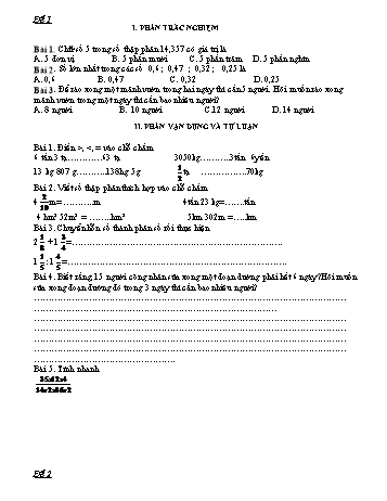 7 Đề thi giữa học kì I môn Toán 5 (Có đáp án)