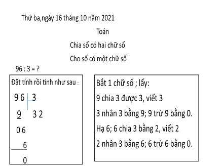 Bài giảng Toán 3 - Bài: Chia số có hai chữ số cho số có một chữ số - Năm học 2021-2022 - Cao Văn Phương