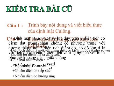 Bài giảng Vật lí 11 - Tuần 2, Bài: Thuyết Electron. Định luật bảo toàn điện tích (Tiết 2)