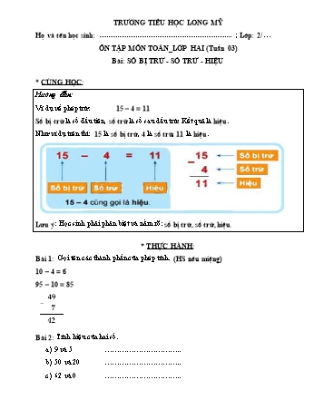 Bài học ôn tập Covid 19 Toán 2 - Tuần 3 - Trường Tiểu học Long Mỹ (Có đáp án)