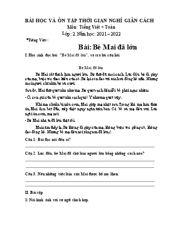 Bài học ôn tập Covid 19 Toán + Tiếng Việt 2 - Tuần 3 - Năm học 2021-2022 - Trường Tiểu học Long Mỹ