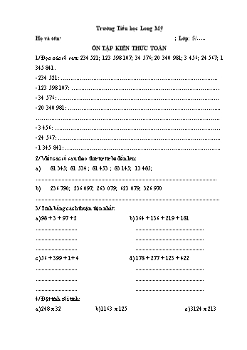 Bài học ôn tập Toán 5 - Tuần 1 - Năm học 2021-2022 - Trường Tiểu học Long Mỹ (Có đáp án)