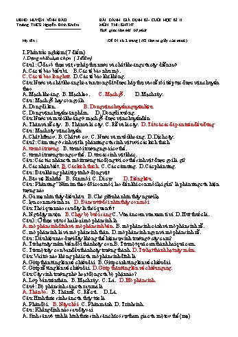 Bài kiểm tra đánh giá định kì cuối học kì II môn KHTN 7 - Trường THCS Nguyễn Bỉnh Khiêm (Có đáp án)