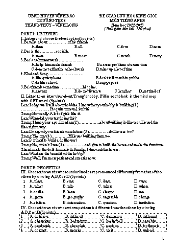Đề giao lưu học sinh giỏi Tiếng Anh 6 năm học 2022-2023 - Trường THCS Thắng Thủy (Có đáp án)