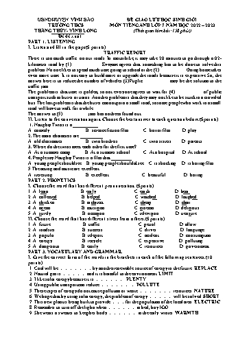 Đề giao lưu học sinh giỏi Tiếng Anh 7 năm học 2022-2023 - Trường THCS Thắng Thủy (Có đáp án)