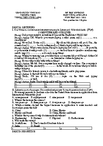 Đề giao lưu học sinh giỏi Tiếng Anh 8 năm học 2022-2023 - Trường THCS Thắng Thủy (Có đáp án)