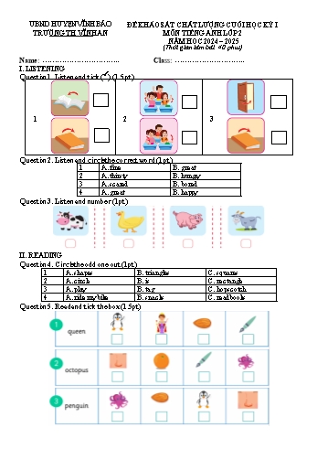 Đề khảo sát chất lượng cuối học kì I môn Tiếng Anh Lớp 2 năm học 2024-2025 - Trường Tiểu học Vĩnh An (Có đáp án)