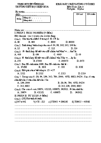 Đề khảo sát chất lượng cuối học kì I môn Toán + Tiếng Việt Lớp 4 - Trường Tiểu học Hiệp Hòa