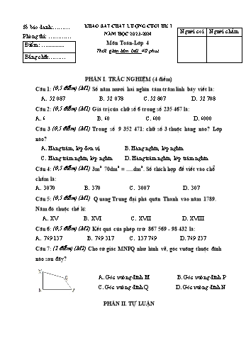 Đề khảo sát chất lượng cuối học kì I năm học 2023-2024 môn Toán Lớp 4