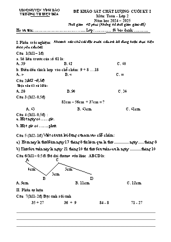 Đề khảo sát chất lượng cuối học kì I năm học 2024-2025 môn Toán + Tiếng Việt 2 (Có đáp án)