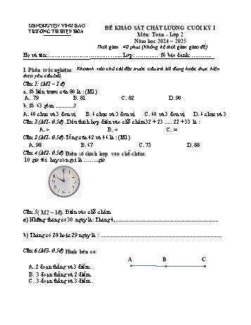 Đề khảo sát chất lượng cuối học kì I năm học 2024-2025 môn Toán 2 - Trường Tiểu học Hiệp Hòa (Có đáp án)