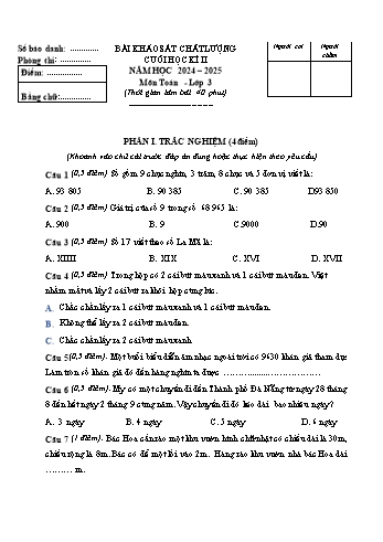 Đề khảo sát chất lượng cuối học kì II môn Toán Lớp 3 năm học 2024-2025 (Có đáp án)