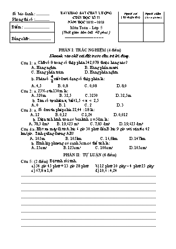 Đề khảo sát chất lượng cuối học kì II năm học 2022-2023 môn Toán Lớp 5 (Có đáp án + Ma trận)