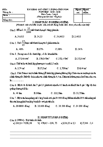 Đề khảo sát chất lượng cuối học kì II năm học 2024-2025 môn Toán Lớp 5 (Có đáp án)