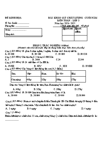 Đề khảo sát chất lượng cuối năm môn Toán Lớp 3 năm học 2024-2025 (Có đáp án)