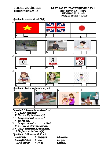 Đề khảo sát chất lượng học kì I môn Tiếng Anh 4 năm học 2023-2024 - Trường Tiểu học Tam Đa