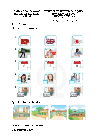 Đề khảo sát chất lượng học kì I môn Tiếng Anh 4 năm học 2023-2024 - Trường Tiểu học Tân Hưng (Có đáp án)