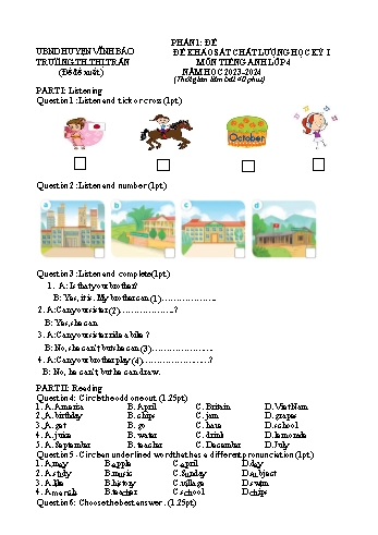 Đề khảo sát chất lượng học kì I môn Tiếng Anh 4 năm học 2023-2024 - Trường Tiểu học Thị Trấn (Có đáp án)