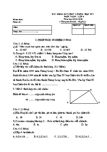 Đề khảo sát chất lượng học kì I môn Toán Lớp 4 năm học 2024-2025 (Có đáp án)