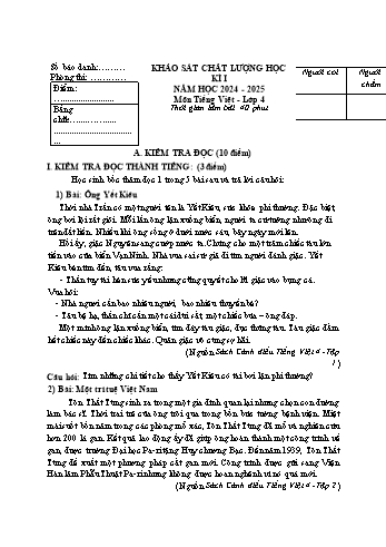 Đề khảo sát chất lượng học kì I năm học 2024-2025 môn Tiếng Việt 4