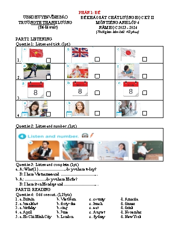 Đề khảo sát chất lượng học kì II môn Tiếng Anh 4 năm học 2023-2024 - Trường Tiểu học Thanh Lương (Có đáp án)