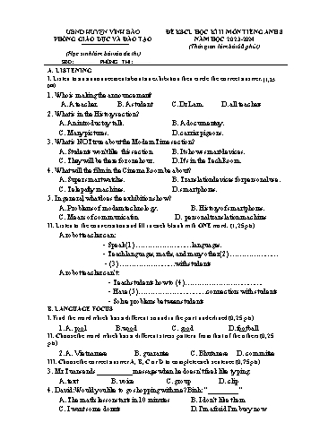 Đề khảo sát chất lượng học kì II môn Tiếng Anh 8 năm học 2023-2024 (Có đáp án)