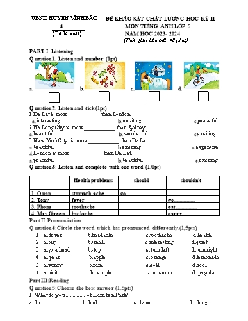 Đề khảo sát chất lượng học kì II môn Tiếng Anh Khối 5 năm học 2023-2024 (Có đáp án)