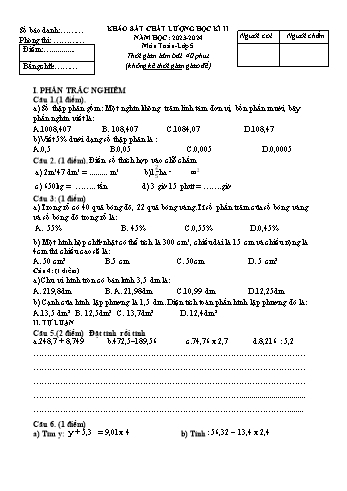 Đề khảo sát chất lượng học kì II môn Toán 5 năm học 2023-2024 (Có đáp án)