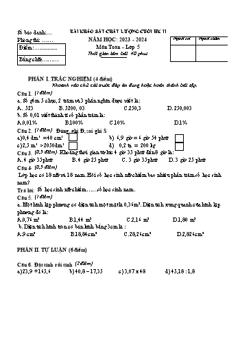 Đề khảo sát chất lượng học kì II môn Toán Lớp 5 năm học 2023-2024 (Có đáp án)