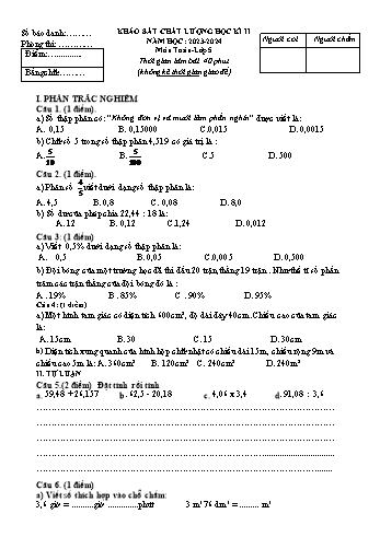 Đề khảo sát chất lượng học kì II năm học 2023-2024 môn Toán 5 (Có đáp án)