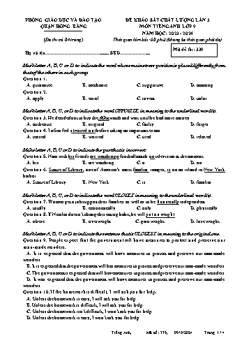 Đề khảo sát chất lượng lần 3 môn Tiếng Anh 9 năm học 2023-2024 (Mã đề thi: 339)