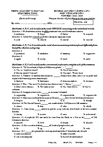 Đề khảo sát chất lượng lần 3 môn Tiếng Anh 9 năm học 2023-2024 (Mã đề thi: 333)