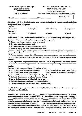 Đề khảo sát chất lượng lần 3 môn Tiếng Anh 9 năm học 2023-2024 (Mã đề thi: 330)