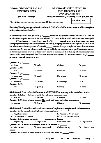 Đề khảo sát chất lượng lần 3 môn Tiếng Anh 9 năm học 2023-2024 (Mã đề thi: 345)